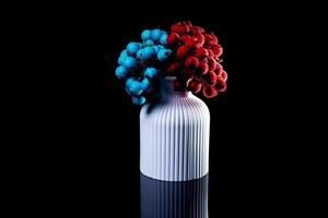 bianca vaso con blu e rosso frutti di bosco nel ghiaccio con riflessione, nero sfondo isolato, foto