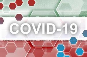mi sono imbattuto bandiera e futuristico digitale astratto composizione con covid-19 iscrizione. coronavirus scoppio concetto foto