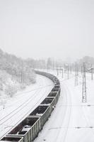 un' lungo treno di nolo macchine è in movimento lungo il Ferrovia traccia. ferrovia paesaggio nel inverno dopo nevicata foto