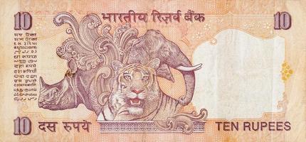 elefante rinoceronte e tigre raffigurato su indiano banca Nota dieci rupie. 10 rupia nazionale moneta di India inr foto