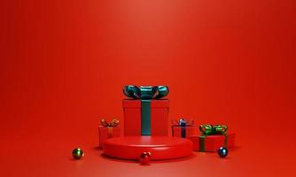 3d rosso podio con regalo scatola per Prodotto presentazione su rosso sfondo. 3d interpretazione Prodotto sfondo foto