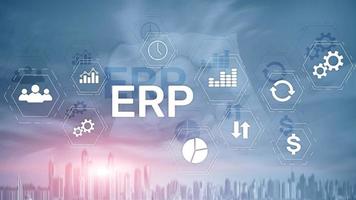 sistema erp, pianificazione delle risorse aziendali su sfondo sfocato. automazione aziendale e concetto di innovazione. foto