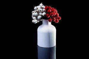 bianca vaso con bianca e rosso frutti di bosco nel ghiaccio con riflessione, nero sfondo isolato, foto