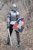 nobile guerriero. ritratto di uno medievale guerriero o cavaliere nel armatura e casco con scudo e spada in posa foto