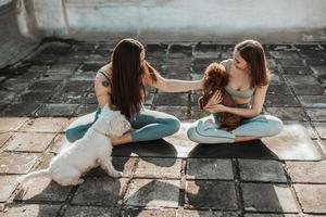 Due donne fare yoga e giocando con loro cane animali domestici all'aperto foto