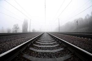 il ferrovia traccia nel un' nebbioso mattina. un' lotto di rotaie e traversine partire in il nebbioso orizzonte. fisheye foto con è aumentato distorsione