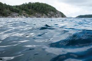 mare onde su il acqua, contro il sfondo di rocce con alberi e un' nuvoloso cielo. parte inferiore Visualizza. foto