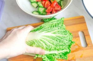 verdura insalata. femmina mano detiene Cinese cavolo. Cinese cavolo e verdura insalata su di legno taglio tavola. salutare vegetariano cibo. fresco verdure. dieta concetto. cucinando un' semplice insalata. foto