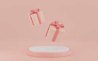 allegro Natale e contento nuovo anno.rosa regalo scatola su podio.regalo scatola su rosa sfondo.rosa scatole su il giro stand.natale e vacanza San Valentino giorno regalo. 3d rendere. foto