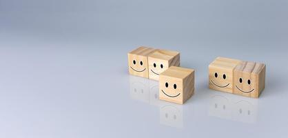 sorrisi su il cubo. esso rappresenta positivo giudizi, risposta e cliente recensioni. soddisfazione concetto, soddisfazione indagine, mentale Salute valutazione, positivo pensiero concetto. foto