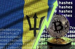 barbados bandiera e crescente verde freccia su bitcoin estrazione schermo e Due fisico d'oro bitcoin foto