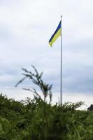 il ucraino bandiera svolazzanti nel il vento, vicino il famoso statua di il patria. il maggiore nazionale bandiera di Ucraina nel il blu cielo. bellissimo autunno paesaggio. foto