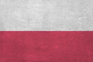 Polonia bandiera raffigurato nel luminosa dipingere colori su vecchio sollievo intonacatura parete. strutturato bandiera su ruvido sfondo foto