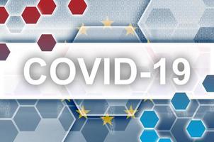 europeo unione bandiera e futuristico digitale astratto composizione con covid-19 iscrizione. coronavirus scoppio concetto foto