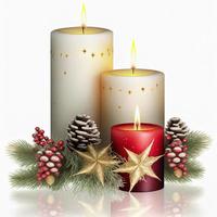 3d Natale candele su isolato bianca sfondo. vacanza, celebrazione, dicembre, allegro Natale foto