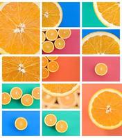 un' collage di molti immagini con succoso arance. impostato di immagini con frutta su sfondi di diverso colori foto