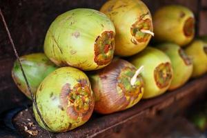 molte di fresco verde noci di cocco foderato con un' pila. avvicinamento mercato bancarelle foto