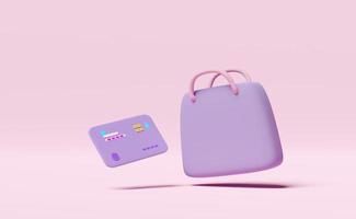 3d shopping carta Borsa credito carta isolato su rosa sfondo. Salvataggio i soldi, elettronico pagamento concetto, 3d rendere illustrazione foto