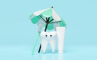 3d dentale molare denti modello icona con spazzolino, dentifricio tubo, ombrello isolato su verde sfondo. dente decadimento prevenzione, Salute di bianca denti, orale cura, 3d rendere illustrazione foto