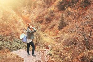 escursionista femminile che cammina nella foresta di montagne. foto