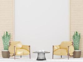 vivente camera e bianca muro, grande finestra, giallo sedia , minimo stile ,deridere su e copia spazio parete - 3d interpretazione - foto