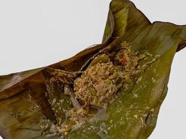 botok indonesiano tradizionale giavanese cibo. botok è fatto a partire dal grattugiato noce di cocco, acciughe, atterrare, tempe poi avvolto nel Banana le foglie e in umido. presentata su un' bianca sfondo foto