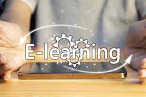 concetto di e-learning, un' apprendimento gestione sistema attraverso un' Rete apprendimento gestione sistema con un enfasi su studenti come il centro. nel insegnamento e apprendimento miscelato stile con regolare classe foto