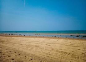 Visualizza su il spiaggia con bianca sabbia, mare onde, e blu cielo. anche visto è un' gamberetto pino albero quale ha il latino nome casuarina equisetifolia foto