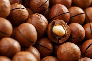 struttura di biologico macadamia Noce fresco naturale frutta sgusciate uno Noce nel pieno telaio avvicinamento Visualizza foto