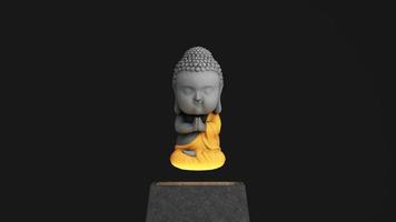 Budda cartone animato nel un' sorridente viso quello sembrava calma e genere galleggiante su un' piedistallo raggiante con leggero su un' nero sfondo. 3d interpretazione foto