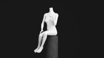 statua di modello indossatrice nel nero per in mostra moda Abiti nel un astratto concetto. su pietra pallet Prodotto In piedi. isolato su bianca sfondo. 3d interpretazione foto