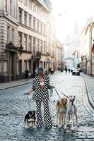 elegante donna indossare polka punto completo da uomo in posa con diverso cani foto
