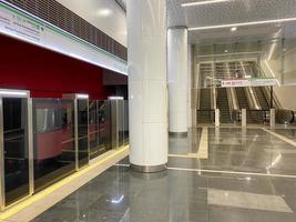 automatico porta piattaforma sistema a un' nuovo moderno la metropolitana stazione. la metropolitana sicurezza sistema bicchiere bellissimo porte Aperto in modo sincrono con il porte di il in arrivo treno auto foto