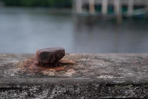 selettivo messa a fuoco su il arrugginito di legno ponte bullone teste perché essi siamo vicino per il mare così essi siamo corrosivo foto