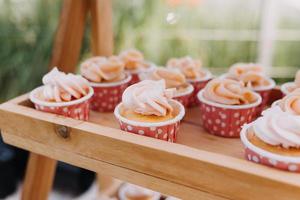 buongustaio cupcakes con bianca buttercream glassa e spruzzatori su di legno sfondo foto