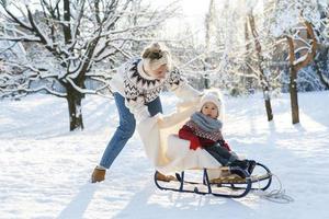 giovane madre e sua carino poco figlio con retrò slitta nel un' nevoso parco durante soleggiato giorno foto