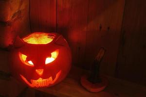 creativo zucca per Halloween nel forma di gatto museruola foto