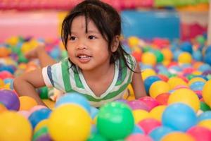 contento asiatico ragazza 4 anni olds giocando poco colorato palle nel piscina sfera. il concetto di giocando è il migliore apprendimento per bambini. foto