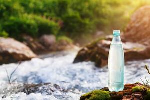 plastica bottiglia con fresco potabile acqua su il sfondo di un' montagna flusso, nel il selvaggio. ool fresco acqua