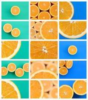 un' collage di molti immagini con succoso arance. impostato di immagini con frutta su sfondi di diverso colori foto