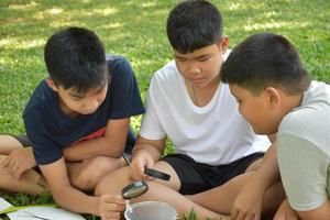 tre asiatico studenti Tenere ingrandimento bicchieri e altro apprendimento dispositivi, compresse, piccolo pesca reti e un' piccolo bianca plastica bidone per imparare di subacqueo insetti dopo assunzione esso su di il stagno. foto