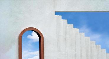 cemento parete e passo scala con di legno finestra telaio, architettura soffitta edificio grigio calcestruzzo parete sfondo con Toscana archi Marrone legna porta contro blu cielo e nuvole, minimo esterno concetto foto