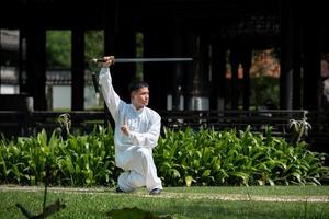 giovane uomo praticante tradizionale tai chi spada, tai ji nel il parco per sano, tradizionale Cinese marziale arti concetto su naturale sfondo . foto