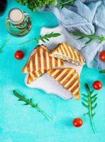 Sandwich con prosciutto, formaggio, mostarda foglie, pomodori e cipolla. gustoso club panini. superiore Visualizza foto