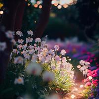 campo di fioritura fiori nel un incantata giardino con Fata luci foto