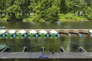 noleggio canottaggio Barche nel il parco, canottaggio Barche su il fiume, di legno molo con Barche, nuotare su il acqua foto