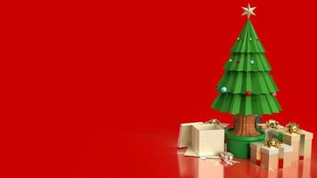 il Natale albero e regalo scatola su rosso sfondo per vacanza concetto 3d interpretazione foto