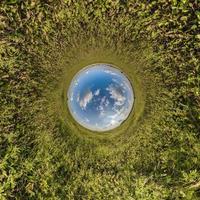 sfera blu piccolo pianeta all'interno di erba verde cornice rotonda sullo sfondo. foto