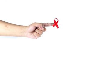 mano simbolo con rosso nastro significare preoccupazione per persone con hiv AIDS isolato su bianca sfondo foto