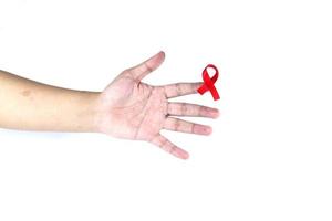 mano simbolo con rosso nastro significare preoccupazione per persone con hiv AIDS isolato su bianca sfondo foto